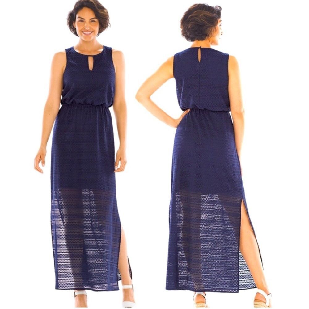 NWT ADRIANNA PAPELL Lace Maxi Dress Navy - womens size 12 -lined crochet summery